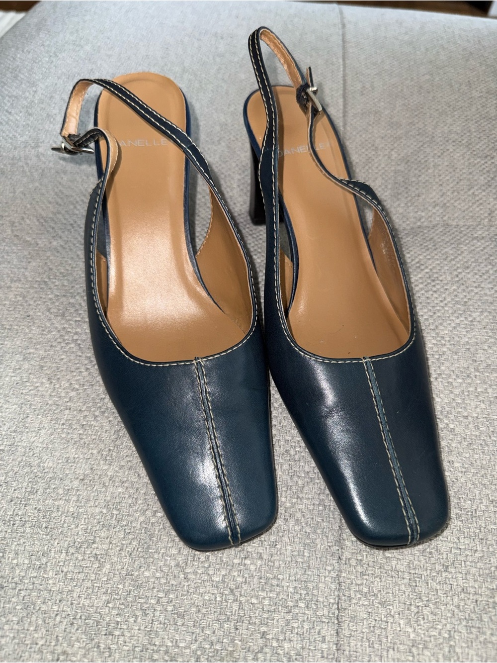Classic Navy Leather Slingback Heels with Contrast Stitching
